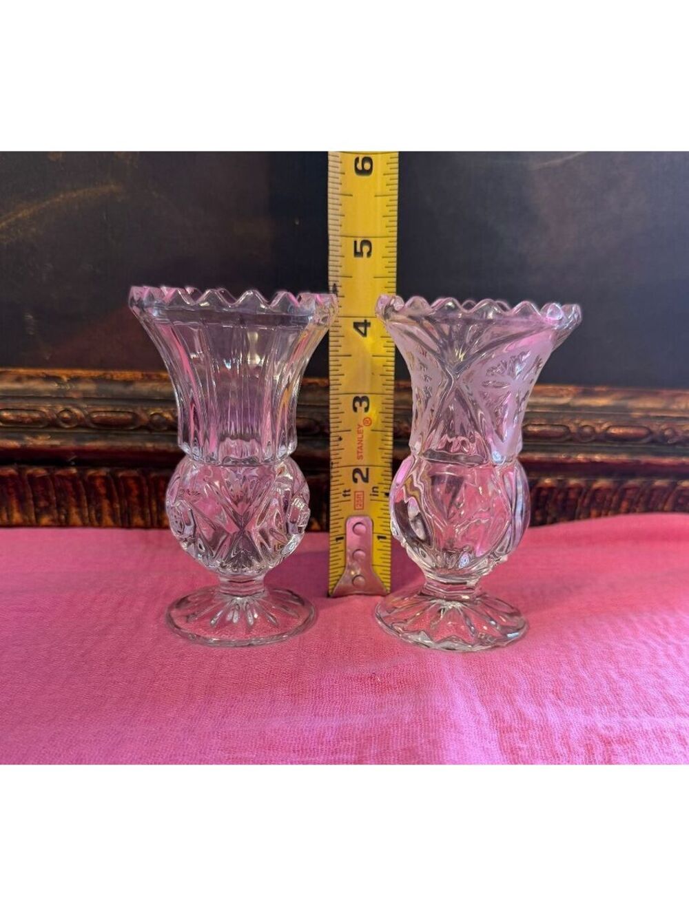 VASE Pair of Vintage Clear Crystal Miniature Vases with Decorative Cut Patterns
